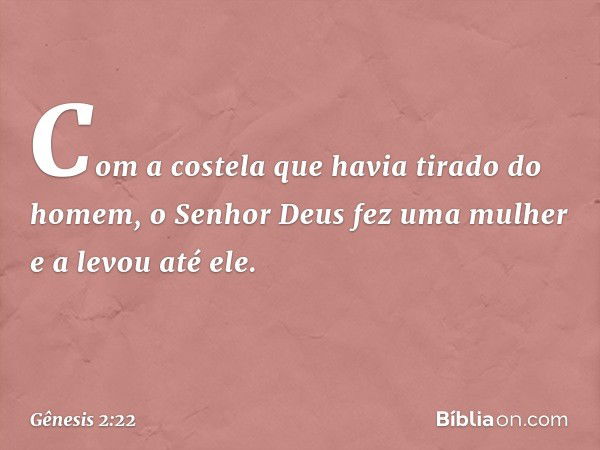 Com a costela que havia tirado do homem, o Senhor Deus fez uma mulher e a levou até ele. -- Gênesis 2:22