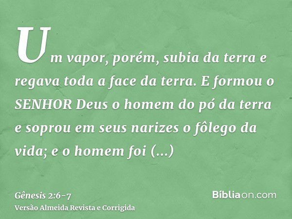 Um vapor, porém, subia da terra e regava toda a face da terra.E formou o SENHOR Deus o homem do pó da terra e soprou em seus narizes o fôlego da vida; e o homem