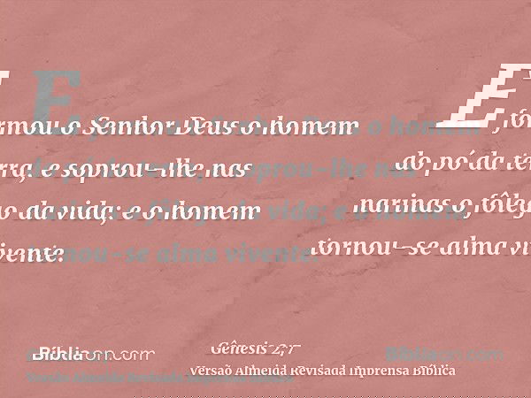 E formou o Senhor Deus o homem do pó da terra, e soprou-lhe nas narinas o fôlego da vida; e o homem tornou-se alma vivente.