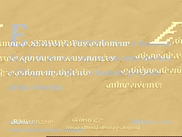 E formou o SENHOR Deus o homem do pó da terra e soprou em seus narizes o fôlego da vida; e o homem foi feito alma vivente.