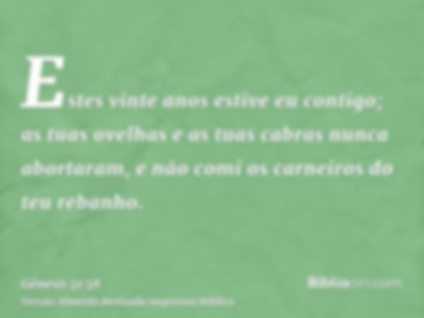 Estes vinte anos estive eu contigo; as tuas ovelhas e as tuas cabras nunca abortaram, e não comi os carneiros do teu rebanho.