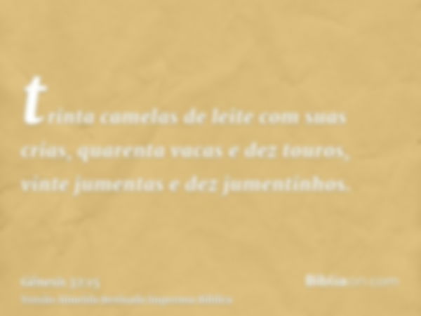 trinta camelas de leite com suas crias, quarenta vacas e dez touros, vinte jumentas e dez jumentinhos.