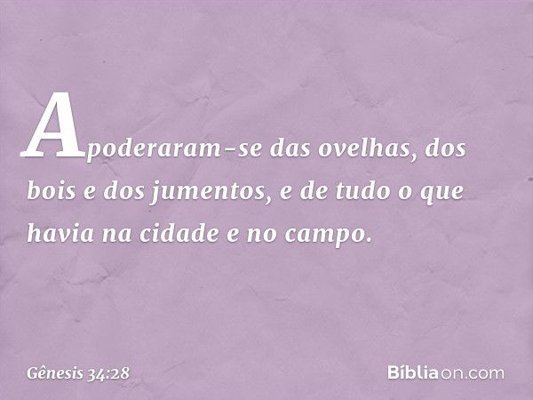 Apoderaram-se das ovelhas, dos bois e dos jumentos, e de tudo o que havia na cidade e no campo. -- Gênesis 34:28