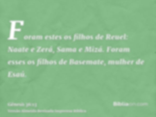 Foram estes os filhos de Reuel: Naate e Zerá, Sama e Mizá. Foram esses os filhos de Basemate, mulher de Esaú.