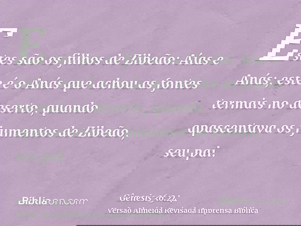 Estes são os filhos de Zibeão: Aías e Anás; este é o Anás que achou as fontes termais no deserto, quando apascentava os jumentos de Zibeão, seu pai.