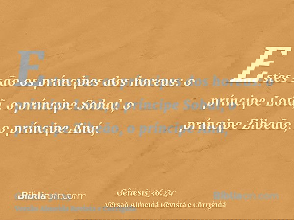 Estes são os príncipes dos horeus: o príncipe Lotã, o príncipe Sobal, o príncipe Zibeão, o príncipe Aná,