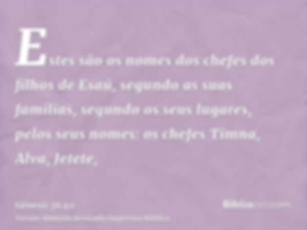 Estes são os nomes dos chefes dos filhos de Esaú, segundo as suas famílias, segundo os seus lugares, pelos seus nomes: os chefes Timna, Alva, Jetete,