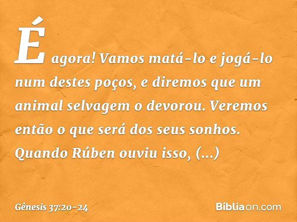 "É agora! Vamos matá-lo e jogá-lo num destes poços, e diremos que um animal selvagem o devorou. Veremos então o que será dos seus so­nhos." Quando Rúben ouviu i