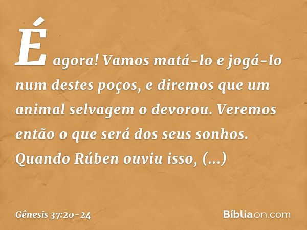 "É agora! Vamos matá-lo e jogá-lo num destes poços, e diremos que um animal selvagem o devorou. Veremos então o que será dos seus so­nhos." Quando Rúben ouviu i