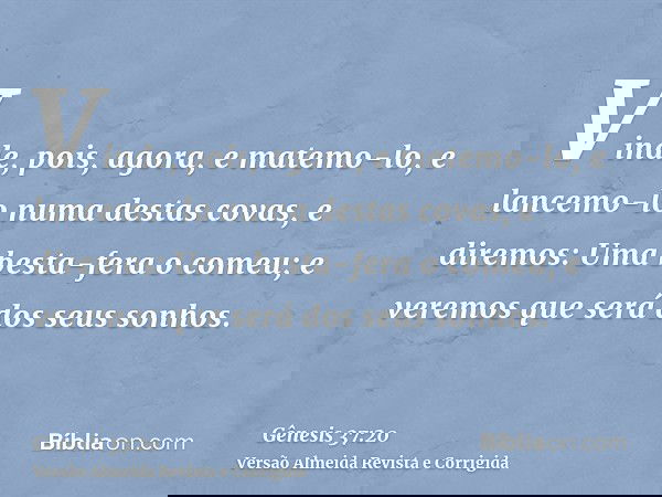 Vinde, pois, agora, e matemo-lo, e lancemo-lo numa destas covas, e diremos: Uma besta-fera o comeu; e veremos que será dos seus sonhos.
