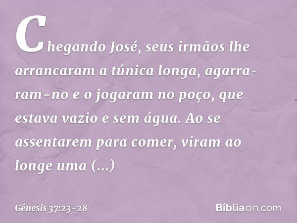 Chegando José, seus irmãos lhe arranca­ram a túnica longa, agarra­ram-no e o jogaram no poço, que estava vazio e sem água. Ao se assentarem para comer, viram ao