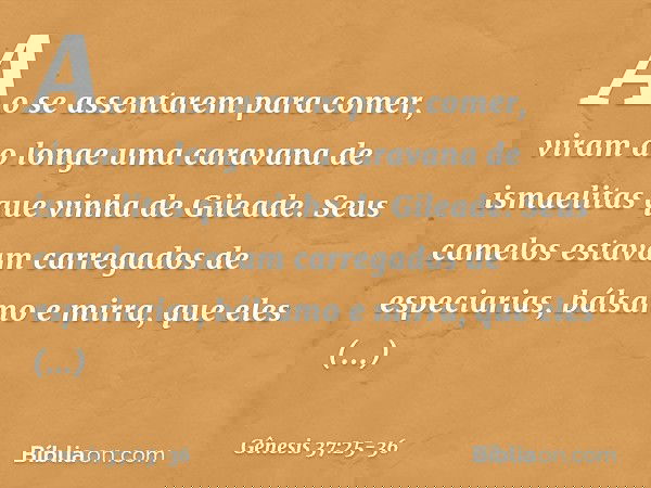 Ao se assentarem para comer, viram ao longe uma caravana de ismaelitas que vinha de Gileade. Seus camelos estavam carregados de especiarias, bálsamo e mirra, q