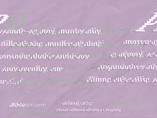 Passando-se, pois, muitos dias, morreu a filha de Sua, mulher de Judá; e, depois, se consolou Judá e subiu aos tosquiadores das suas ovelhas, em Timna, ele e Hi
