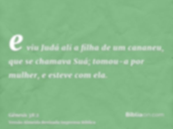 e viu Judá ali a filha de um cananeu, que se chamava Suá; tomou-a por mulher, e esteve com ela.