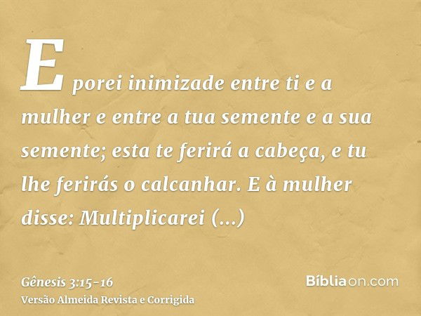 E porei inimizade entre ti e a mulher e entre a tua semente e a sua semente; esta te ferirá a cabeça, e tu lhe ferirás o calcanhar.E à mulher disse: Multiplicar