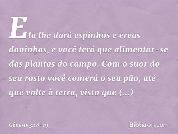 Ela lhe dará espinhos e ervas daninhas,
e você terá que alimentar-se
das plantas do campo. Com o suor do seu rosto
você comerá o seu pão,
até que volte à terra,