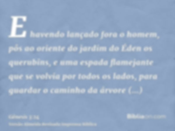 E havendo lançado fora o homem, pôs ao oriente do jardim do Éden os querubins, e uma espada flamejante que se volvia por todos os lados, para guardar o caminho 