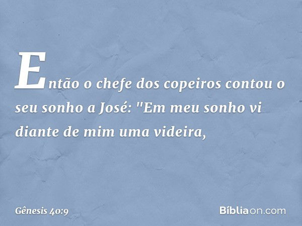 Então o chefe dos copeiros contou o seu sonho a José: "Em meu sonho vi diante de mim uma videira, -- Gênesis 40:9