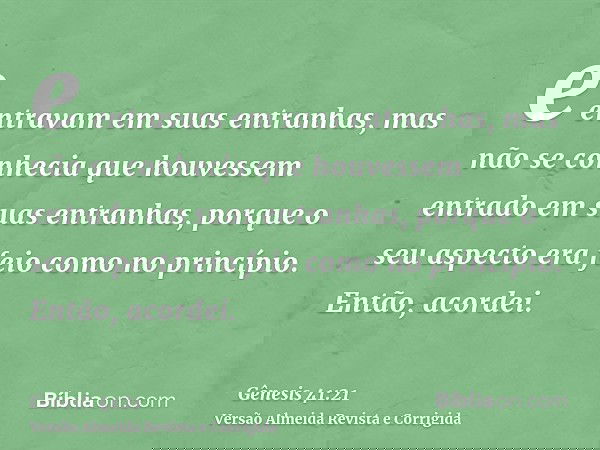 e entravam em suas entranhas, mas não se conhecia que houvessem entrado em suas entranhas, porque o seu aspecto era feio como no princípio. Então, acordei.