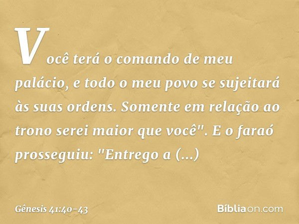 Vo­cê terá o comando de meu palácio, e todo o meu povo se sujeitará às suas ordens. Somente em relação ao trono serei maior que você". E o faraó prosseguiu: "En