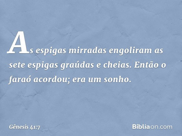 As espigas mir­radas engoliram as sete espigas graúdas e cheias. Então o faraó acordou; era um sonho. -- Gênesis 41:7