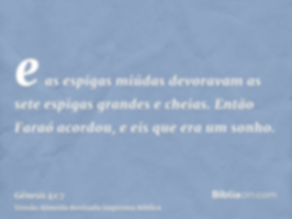 e as espigas miúdas devoravam as sete espigas grandes e cheias. Então Faraó acordou, e eis que era um sonho.