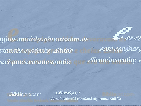 e as espigas miúdas devoravam as sete espigas grandes e cheias. Então Faraó acordou, e eis que era um sonho.