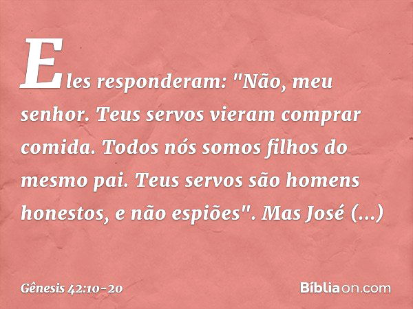 Eles responderam: "Não, meu senhor. Teus servos vieram comprar comida. Todos nós somos filhos do mesmo pai. Teus servos são homens honestos, e não espiões". Mas