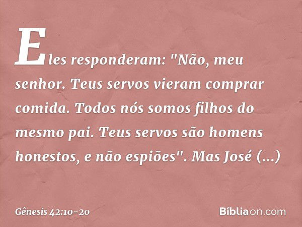 Eles responderam: "Não, meu senhor. Teus servos vieram comprar comida. Todos nós somos filhos do mesmo pai. Teus servos são homens honestos, e não espiões". Mas