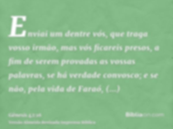 Enviai um dentre vós, que traga vosso irmão, mas vós ficareis presos, a fim de serem provadas as vossas palavras, se há verdade convosco; e se não, pela vida de