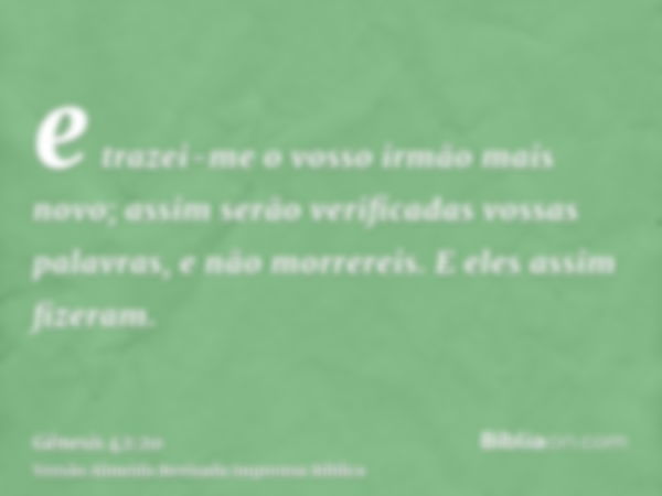 e trazei-me o vosso irmão mais novo; assim serão verificadas vossas palavras, e não morrereis. E eles assim fizeram.