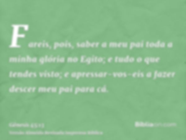 Fareis, pois, saber a meu pai toda a minha glória no Egito; e tudo o que tendes visto; e apressar-vos-eis a fazer descer meu pai para cá.