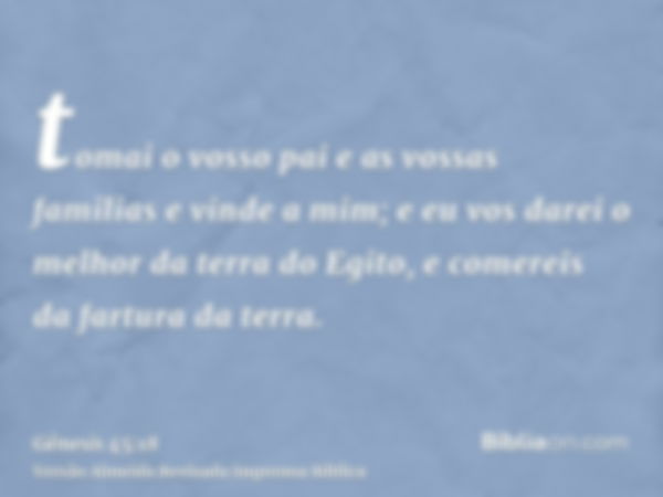 tomai o vosso pai e as vossas familias e vinde a mim; e eu vos darei o melhor da terra do Egito, e comereis da fartura da terra.