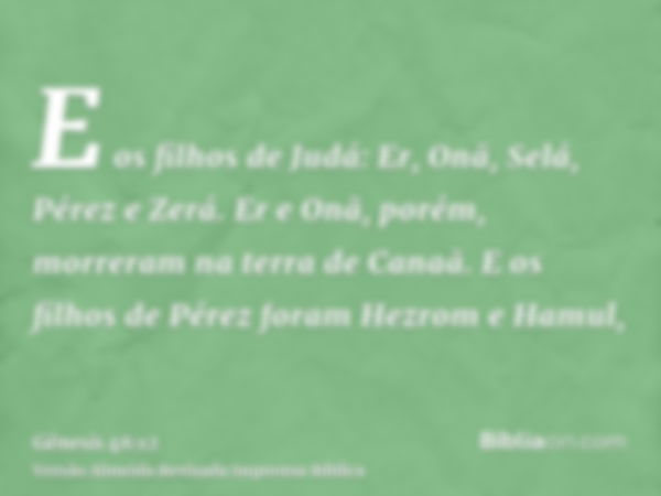 E os filhos de Judá: Er, Onã, Selá, Pérez e Zerá. Er e Onã, porém, morreram na terra de Canaã. E os filhos de Pérez foram Hezrom e Hamul,