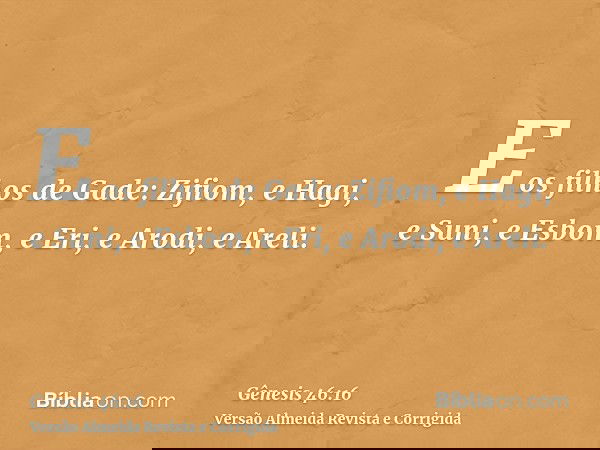 E os filhos de Gade: Zifiom, e Hagi, e Suni, e Esbom, e Eri, e Arodi, e Areli.