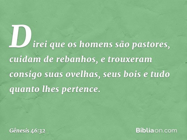 Direi que os homens são pastores, cuidam de rebanhos, e trouxeram consigo suas ovelhas, seus bois e tudo quanto lhes pertence. -- Gênesis 46:32