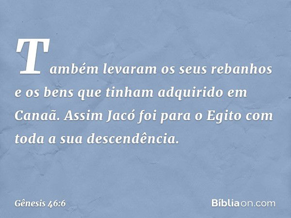 Também levaram os seus rebanhos e os bens que tinham adqui­rido em Canaã. Assim Jacó foi para o Egito com toda a sua descendên­cia. -- Gênesis 46:6