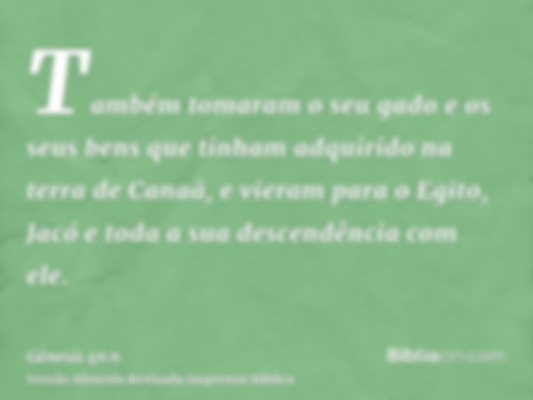 Também tomaram o seu gado e os seus bens que tinham adquirido na terra de Canaã, e vieram para o Egito, Jacó e toda a sua descendência com ele.