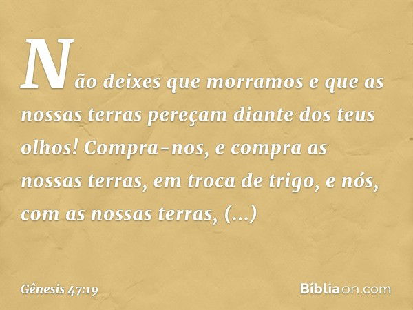 Não deixes que morramos­ e que as nossas terras pe­reçam diante dos teus olhos! Compra-nos, e compra as nossas terras, em troca de ­trigo, e nós, com as nossas 