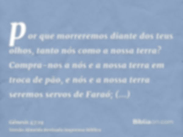 por que morreremos diante dos teus olhos, tanto nós como a nossa terra? Compra-nos a nós e a nossa terra em troca de pão, e nós e a nossa terra seremos servos d