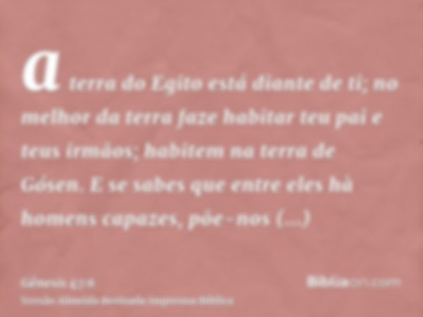 a terra do Egito está diante de ti; no melhor da terra faze habitar teu pai e teus irmãos; habitem na terra de Gósen. E se sabes que entre eles hà homens capaze