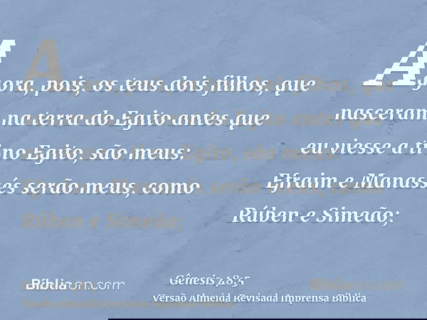 Agora, pois, os teus dois filhos, que nasceram na terra do Egito antes que eu viesse a ti no Egito, são meus: Efraim e Manassés serão meus, como Rúben e Simeão;
