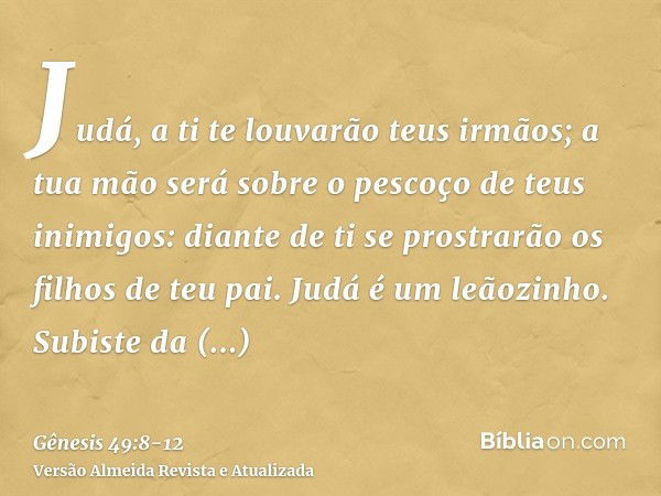 Judá, a ti te louvarão teus irmãos; a tua mão será sobre o pescoço de teus inimigos: diante de ti se prostrarão os filhos de teu pai.Judá é um leãozinho. Subist