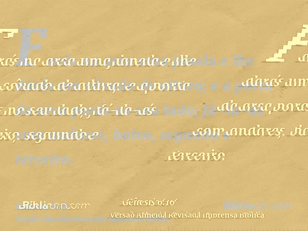 Farás na arca uma janela e lhe darás um côvado de altura; e a porta da arca porás no seu lado; fá-la-ás com andares, baixo, segundo e terceiro.