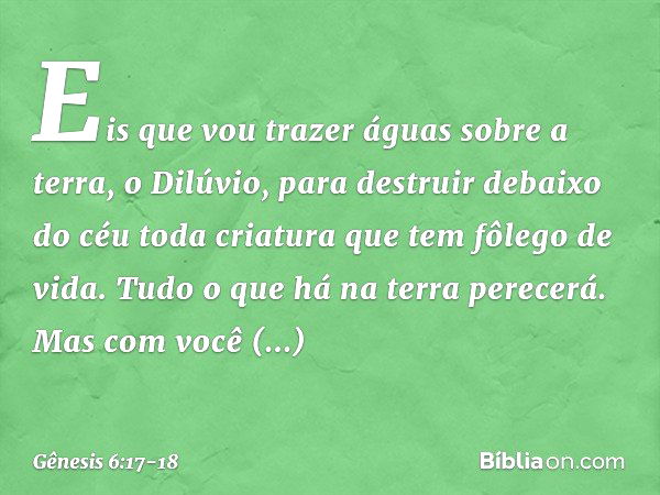 "Eis que vou trazer águas sobre a terra, o Dilúvio, para destruir debaixo do céu toda criatura que tem fôlego de vida. Tudo o que há na terra perecerá. Mas com 