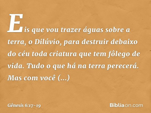 "Eis que vou trazer águas sobre a terra, o Dilúvio, para destruir debaixo do céu toda criatura que tem fôlego de vida. Tudo o que há na terra perecerá. Mas com 