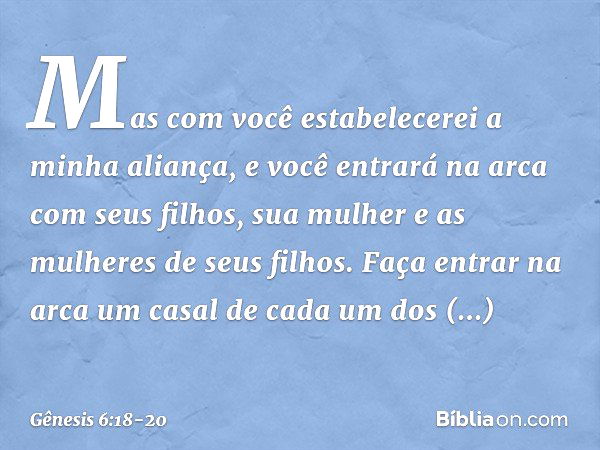 Mas com você estabelecerei a minha aliança, e você entrará na arca com seus filhos, sua mulher e as mulheres de seus filhos. Faça entrar na arca um casal de cad