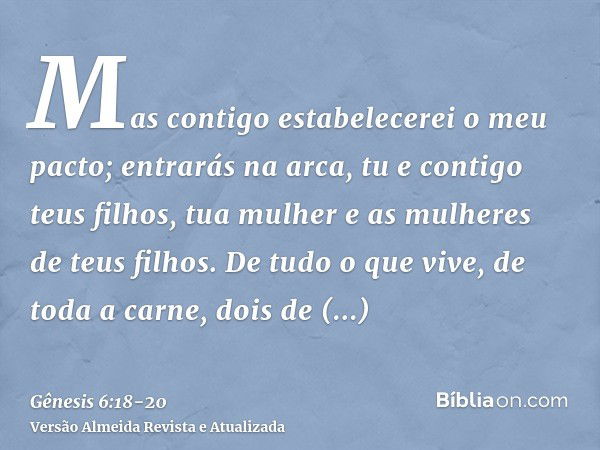 Mas contigo estabelecerei o meu pacto; entrarás na arca, tu e contigo teus filhos, tua mulher e as mulheres de teus filhos.De tudo o que vive, de toda a carne, 