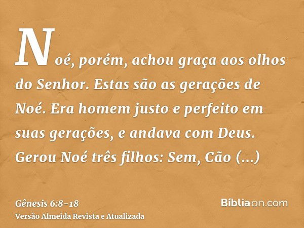 Noé, porém, achou graça aos olhos do Senhor.Estas são as gerações de Noé. Era homem justo e perfeito em suas gerações, e andava com Deus.Gerou Noé três filhos: 