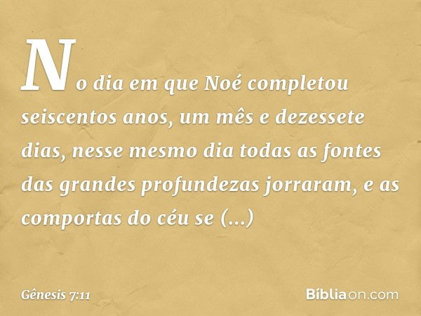 No dia em que Noé completou seiscen­tos anos, um mês e dezessete dias, nesse mesmo dia todas as fontes das grandes profundezas jor­raram, e as compor­tas do céu